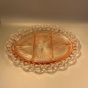 Vintage depression glass PINK oval platter made by hocking glass company. Lace